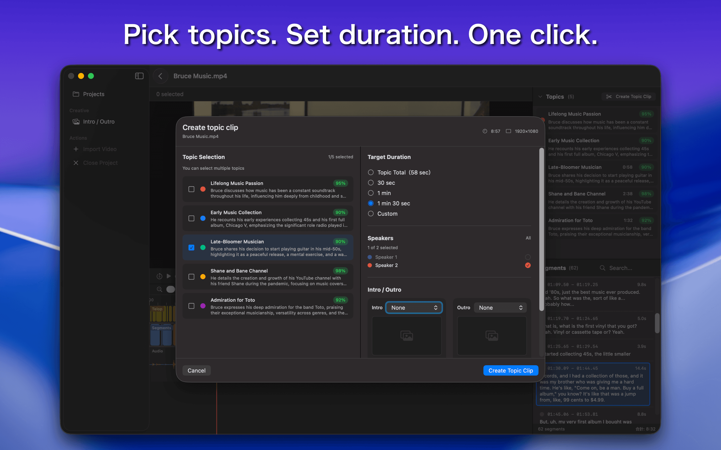 Pick topics, Set duration before export
