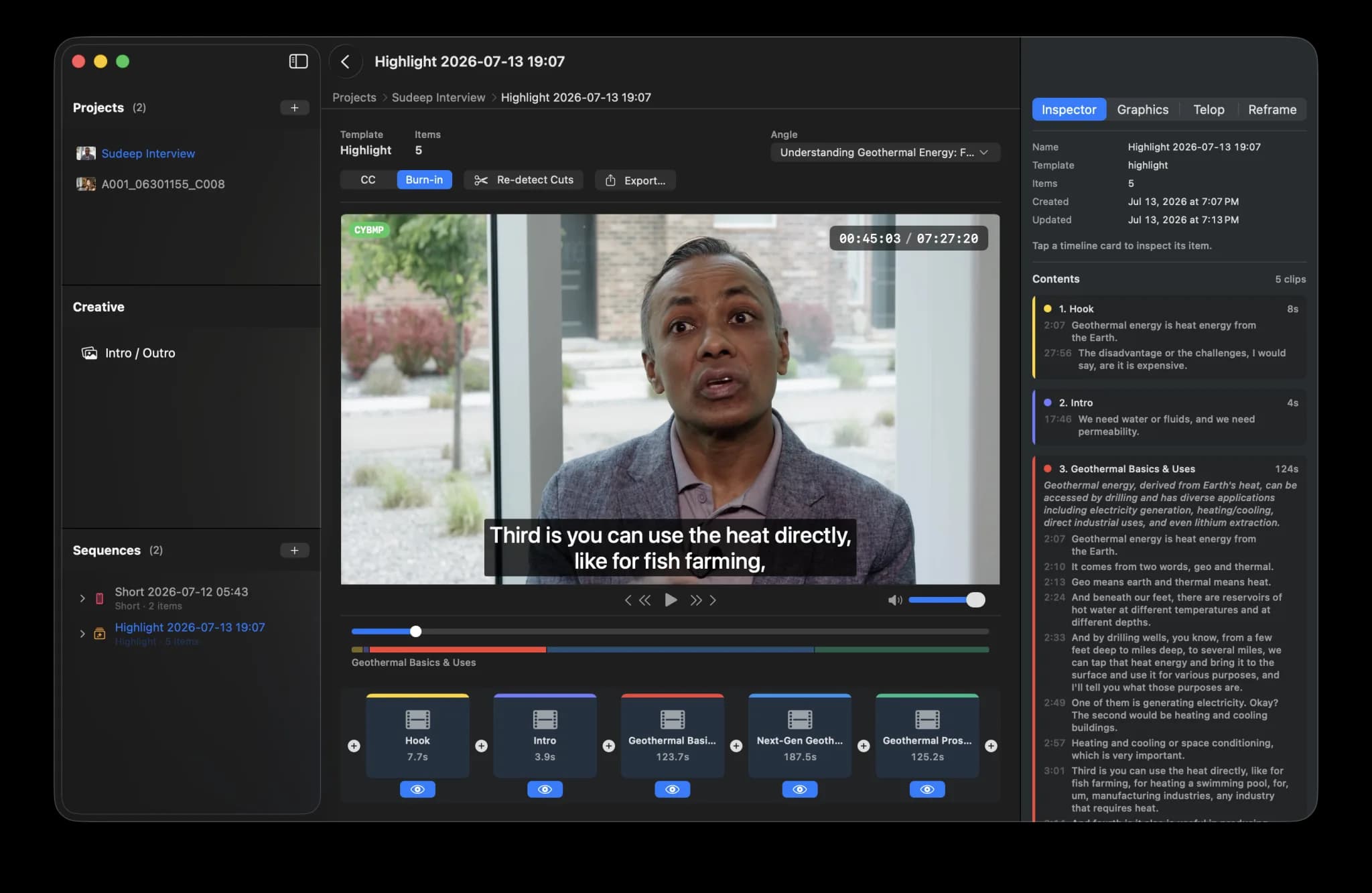ハイライトと話題リストを表示した NexClip エディタ画面
